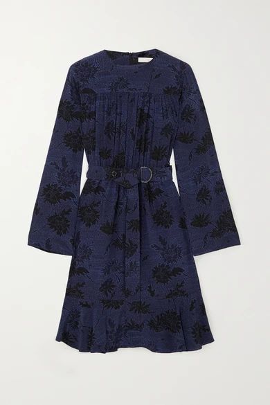 Belted Floral-print Silk Crepe De Chine Dress - Navy