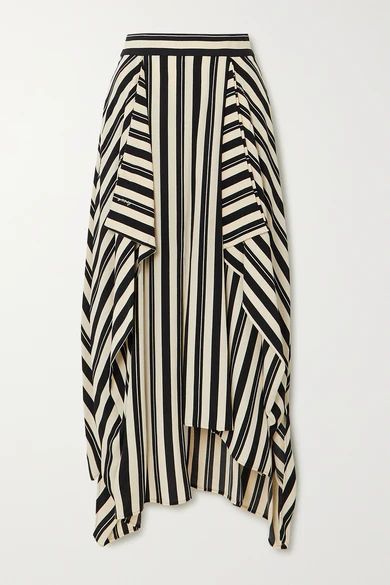 Asymmetric Draped Striped Twill Midi Skirt - Black