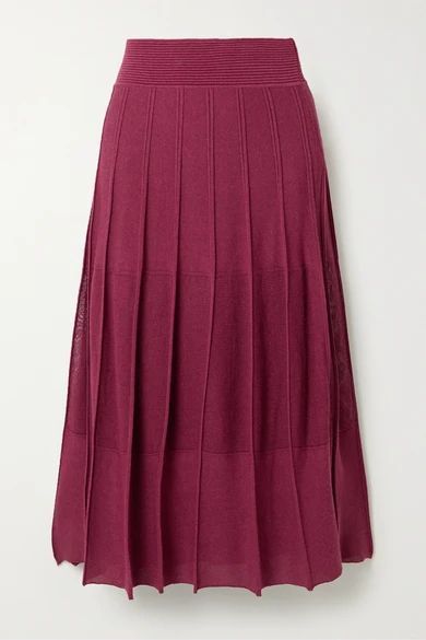 Pleated Ribbed-knit Midi Skirt - Burgundy