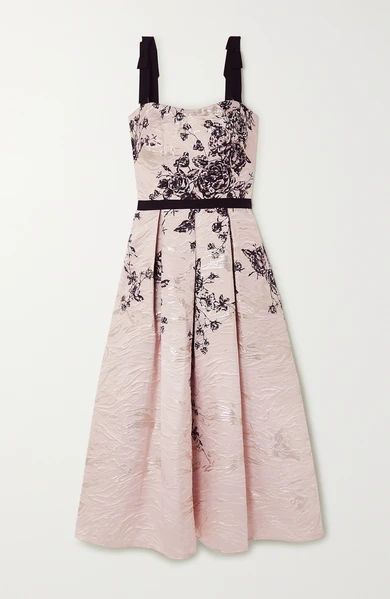 Grosgrain-trimmed Metallic Floral-print Jacquard Midi Dress - Blush