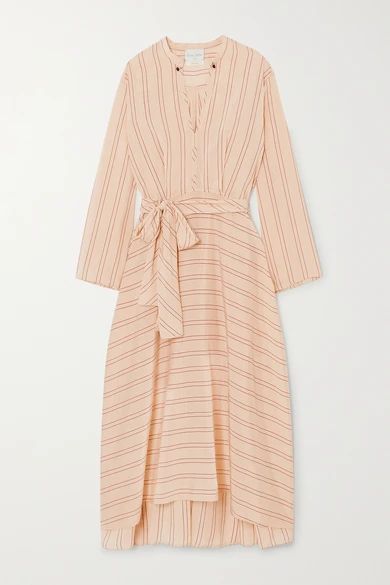 Belted Striped Satin Midi Dress - Ecru