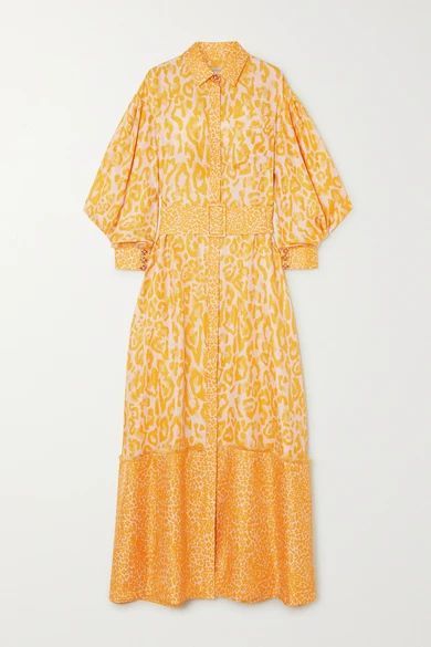 Belted Frayed Leopard-print Silk-twill Maxi Shirt Dress - Yellow