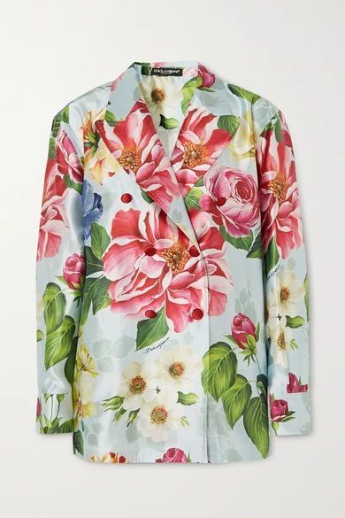 Oversized Double-breasted Floral-print Silk-satin Blazer - Blue