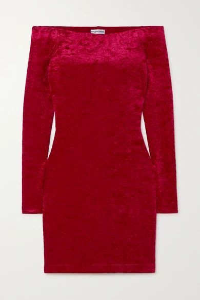 Off-the-shoulder Layered Stretch-crushed Velvet Mini Dress - Burgundy