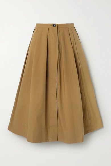 Pleated Cotton-poplin Midi Skirt - Brown