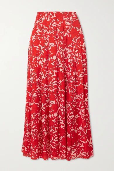 Pleated Floral-print Satin Midi Skirt - Red