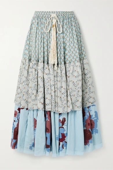 Tiered Floral-print Cotton-voile Midi Skirt - Blue