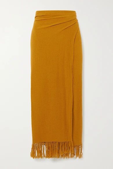 The Desert Fringed Ramie Wrap Midi Skirt - Mustard