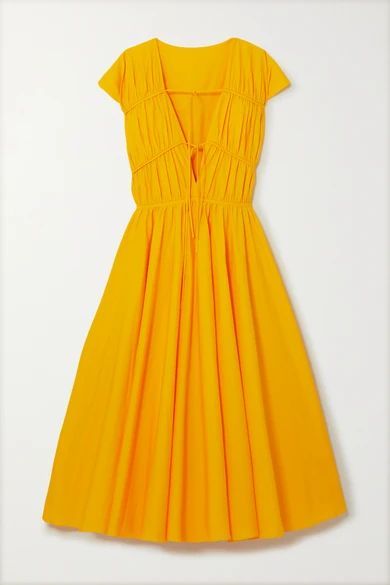 Ceres Tie-detailed Gathered Cotton-poplin Midi Dress - Marigold
