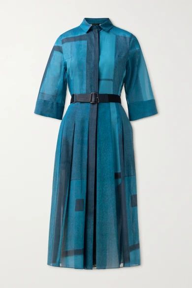 Belted Pleated Printed Cotton-voile Shirt Dress - Blue