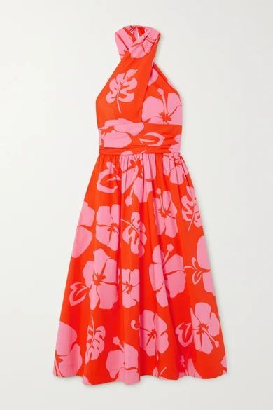 Moana Printed Stretch-cotton Poplin Halterneck Midi Dress - Red