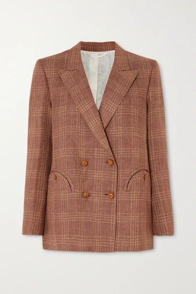 Bella Donna Everynight Double-breasted Checked Linen And Wool-blend Blazer - Brick