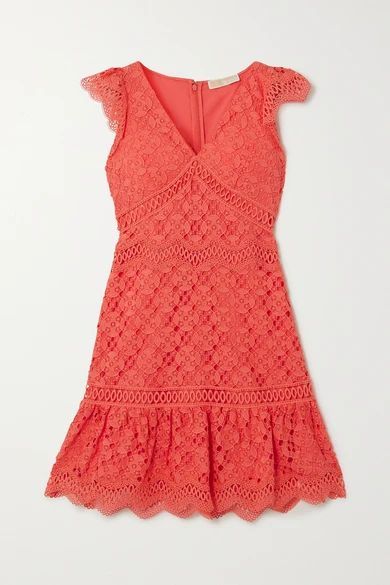 Ruffled Crocheted Lace Mini Dress - Coral