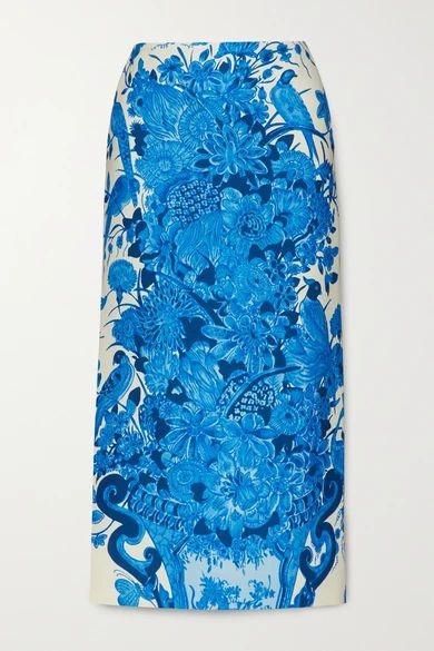Printed Wool And Silk-blend Midi Skirt - Blue