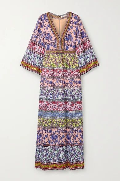 Lena Embroidered Floral-print Crepe Maxi Dress - Blue