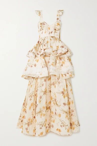 Ruffled Frayed Floral-print Silk Gown - White