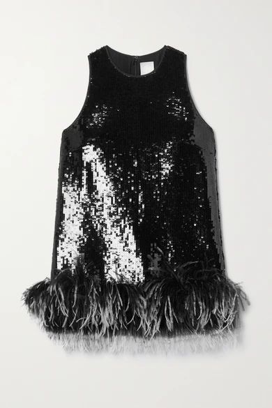 Coral Feather-trimmed Sequined Tulle Top - Black