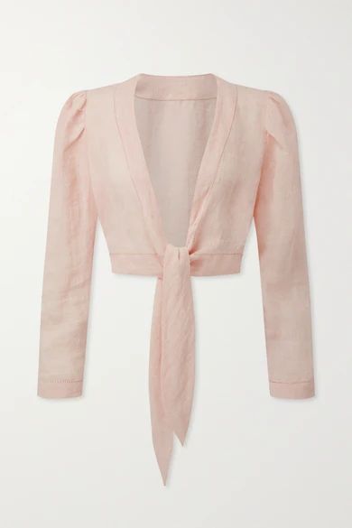 Cropped Tie-front Linen-gauze Top - Baby pink