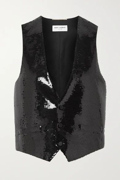 Sequined Wool-crepe And Silk-satin Vest - Black