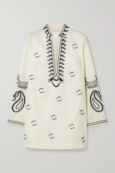 Sequin-embellished Embroidered Cotton-poplin Tunic - Ivory
