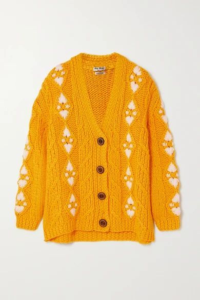 Embroidered Cable-knit Wool Cardigan - Yellow