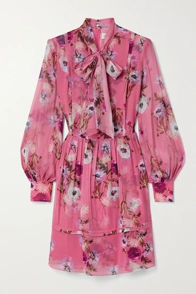 Remy Pussy-bow Floral-print Silk Crepe De Chine Mini Dress - Bubblegum