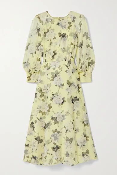 Yusra Floral-print Silk-voile Midi Dress - Pastel yellow