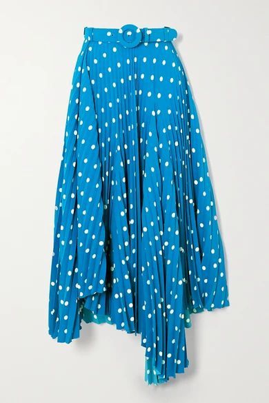 Belted Asymmetric Pleated Polka-dot Crepe Midi Skirt - Blue