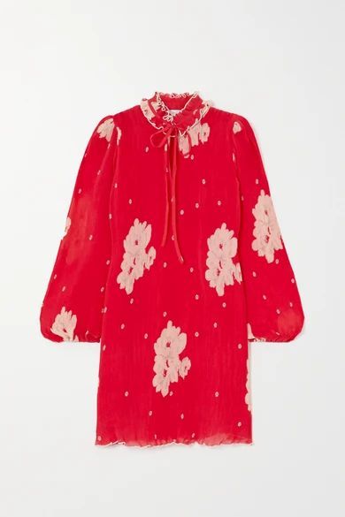 Ruffled Floral-print Plissé-georgette Mini Dress - Red
