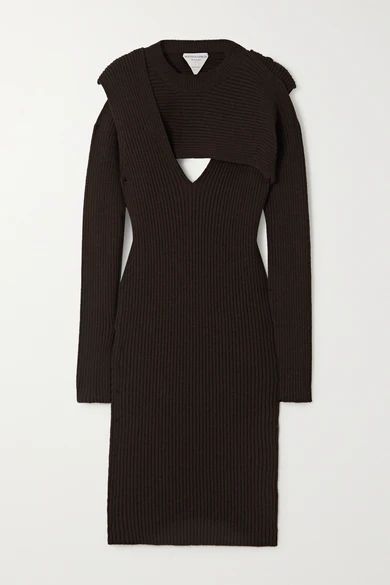 Cutout Ribbed-knit Midi Dress - Brown