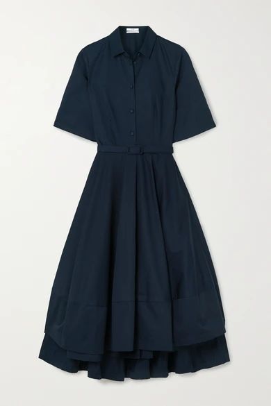 Belted Asymmetric Pleated Cotton-poplin Midi Shirt Dress - Navy