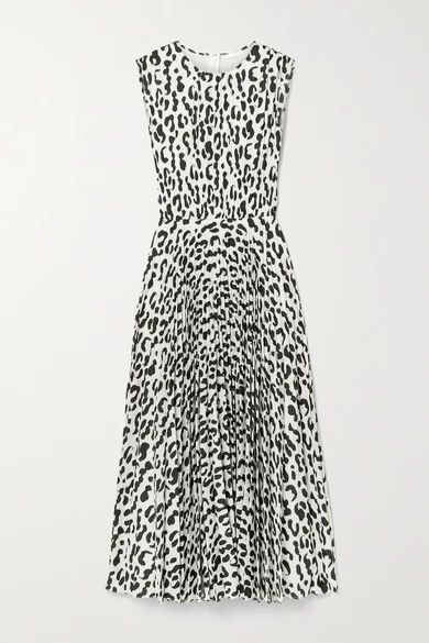 Pleated Leopard-print Stretch-crepe Midi Dress - White