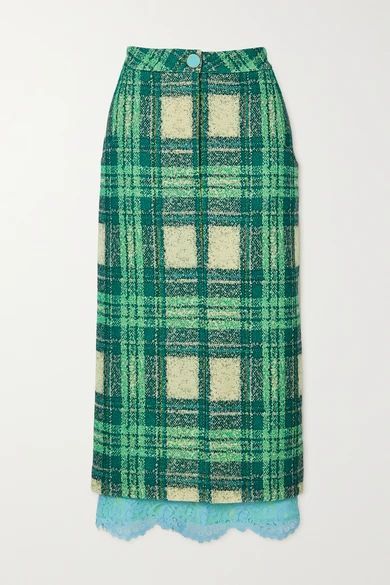 Lace-trimmed Checked Wool-bouclé Midi Skirt - Green