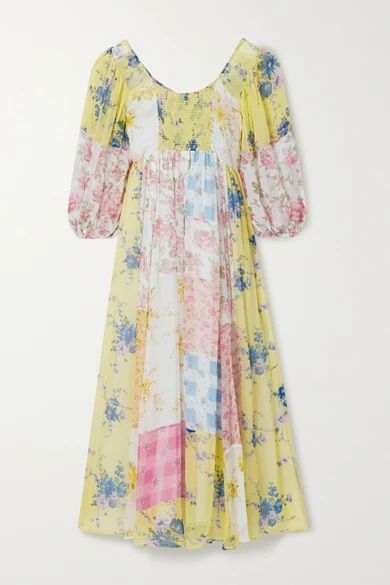 Roslyn Patchwork Floral-print Silk-georgette Midi Dress - Yellow