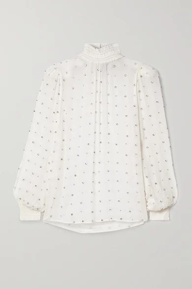 Ava Crystal-embellished Shirred Silk-crepon Blouse - White