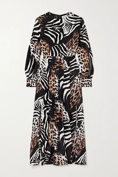 Emma Pleated Printed Silk Midi Dress - Leopard print