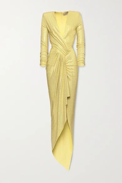 Gathered Crystal-embellished Stretch-jersey Gown - Yellow