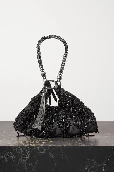 Callie Tasseled Beaded Satin Shoulder Bag - Black