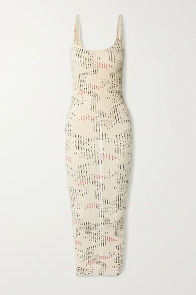 Ribbed Printed Cotton Midi Dress - Ivory