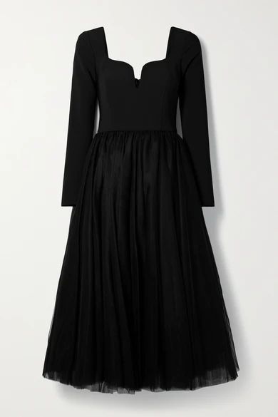 Crepe And Tulle Midi Dress - Black