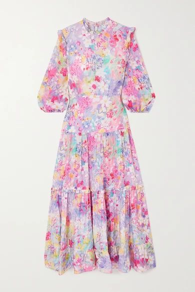 Monet Ruffled Tiered Floral-print Cotton And Silk-blend Midi Dress - Pink