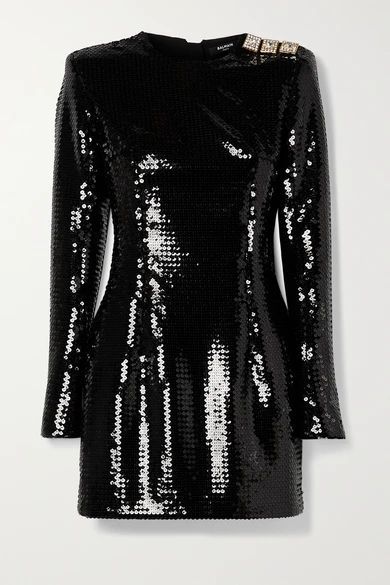 Crystal-embellished Sequined Crepe Mini Dress - Black