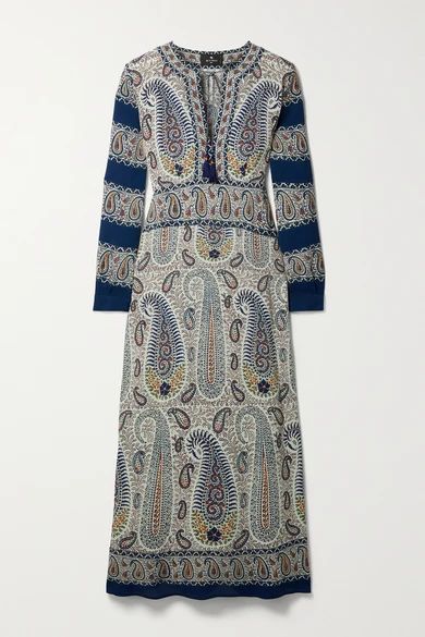 Tasseled Paisley-print Crepe De Chine Midi Dress - Navy