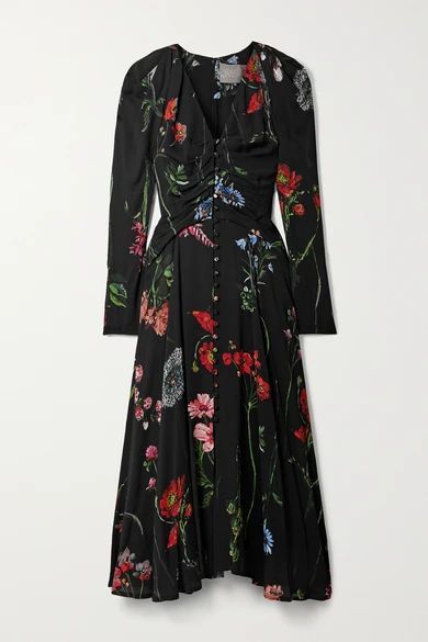 Ruched Floral-print Crepe Midi Dress - Black