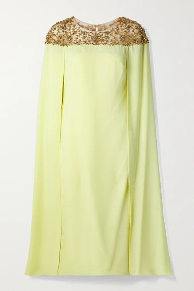 Cape-effect Embellished Tulle And Crepe Midi Dress - Pastel yellow