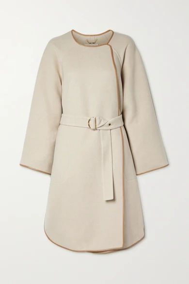 Belted Leather-trimmed Wool And Cashmere-blend Coat - Beige