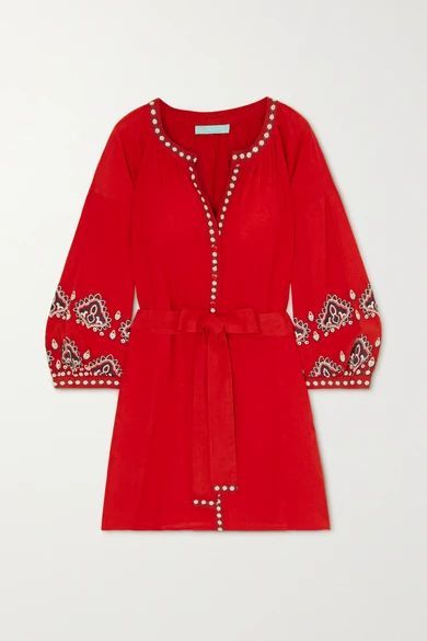 Tania Belted Embroidered Cotton And Linen-blend Kaftan - small