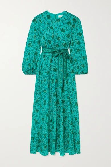Lulu Belted Floral-print Linen Midi Dress - Jade