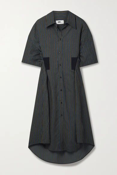 Pinstriped Twill Midi Shirt Dress - Black