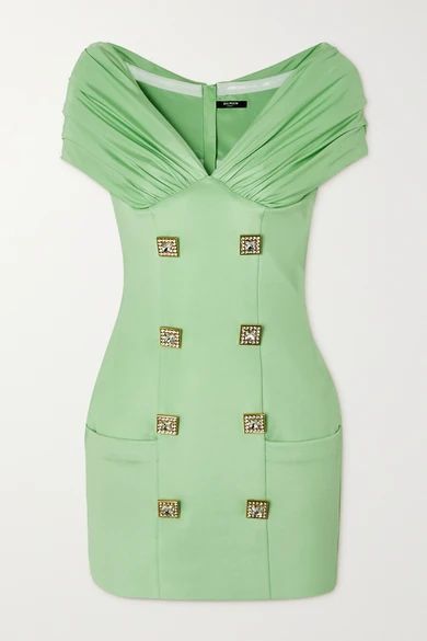 Off-the-shoulder Ruched Crystal-embellished Crepe Mini Dress - Mint